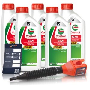 Castrol 5x 1 L GTX 5W-40 A3/B4 + Ölwechsel-Anhänger + Einfülltrichter [Hersteller-Nr. 15F686]